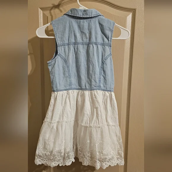 Guess Denim & Lace Girls Sleeveless Collared Embroidered Dress Medium 10/12 - Picture 4 of 5